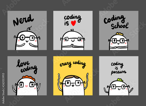 Set of six cards abour programmers and coding hand drawn illustrations in cartoon style