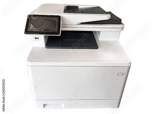 Digital printer machine on white background, Office intrument, Fax sender and reciever machine, Scanner and copier