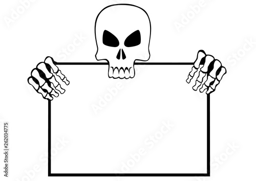 Skeleton with blank form in hand on white background