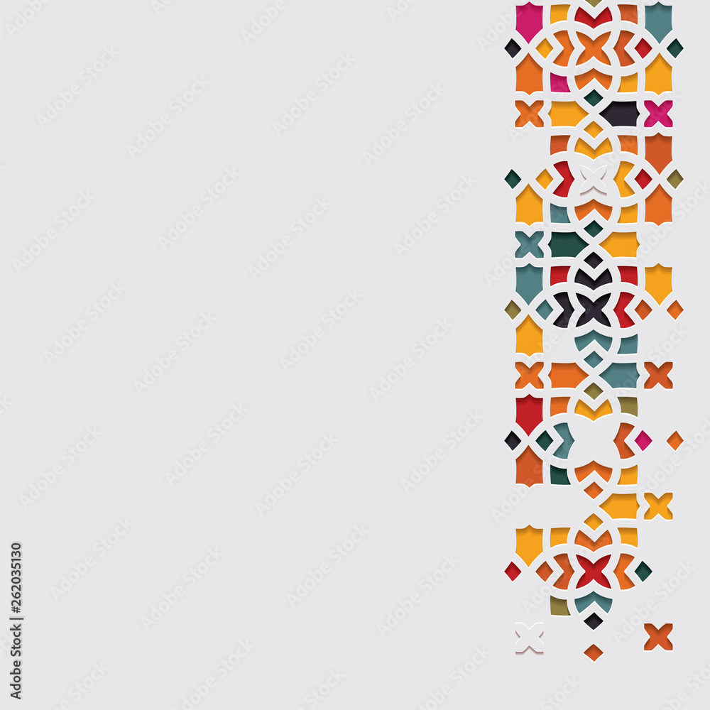 Arabic arabesque design greeting card for Ramadan Kareem.Islamic ornamental colorful detail of mosaic.Vector illustration. Arabic arabesque design greeting card for Ramadan Kareem.Islamic ornamental colorful detail of mosaic.Vector illustration.
