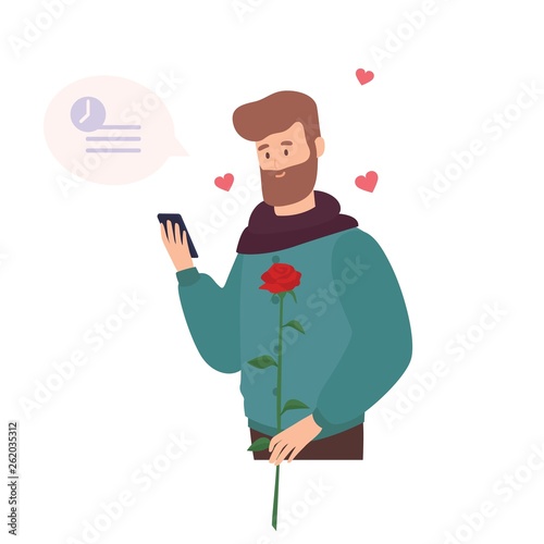 Cute bearded man holding rose flower, waiting for first romantic date and tex...