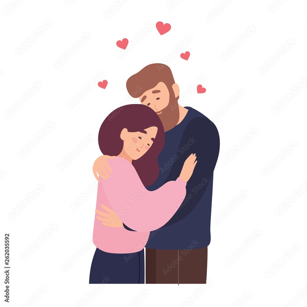 Cute couple in love. Adorable young man and woman hugging or cuddling.  Romantic date with person found through dating website or mobile app.  Romance and affection. Flat cartoon vector illustration. Stock Vector |