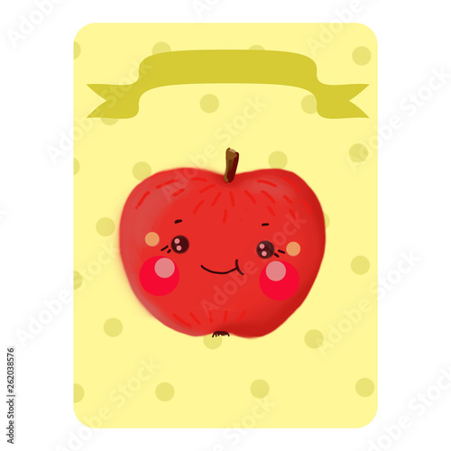 Cute apple. Apple on a yellow background with circles with a ribbon without a name, a apple without a table. Funny edible character. Kavai apple. photo