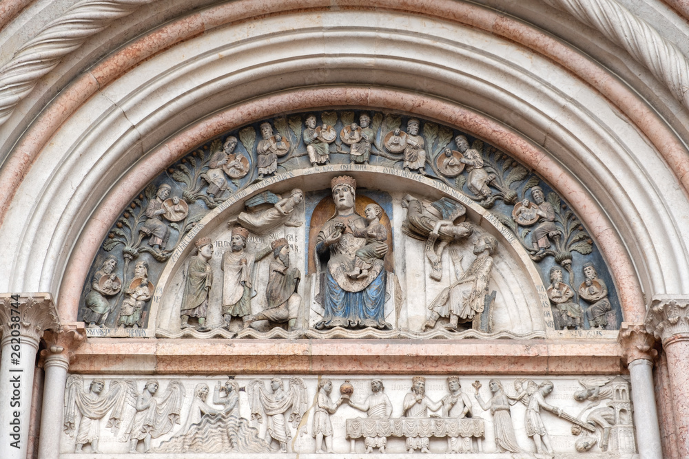 Parma Baptistery bas-relief detail. Color image