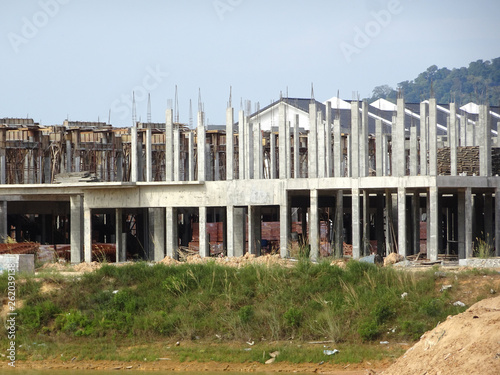 Double story luxury terrace house under construction in Malaysia. Designed by architect with modern and contemporary style. Conventional construction method was used. 