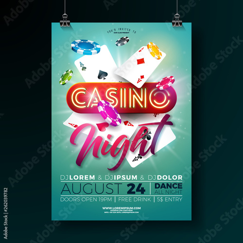 Vector Casino night flyer illustration with gambling design elements and shiny neon light lettering on green background. Luxury invitation poster template.
