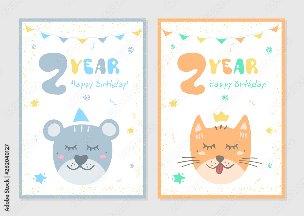 Set of kids doodles postcard with bear and cat. Happy Birthday cards. Ñongratulation on 2 year
