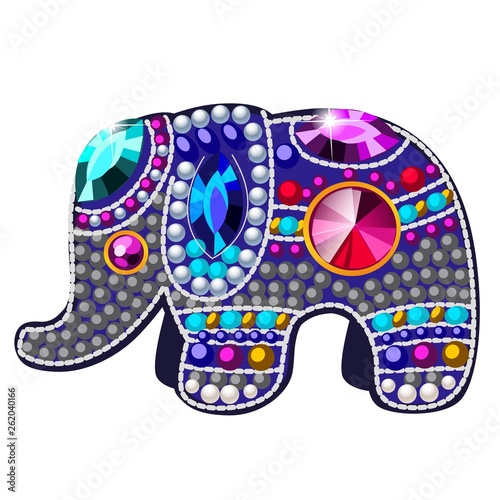 Elephant figurine made of precious stones in the form of a brooch isolated on white background. Vector cartoon close-up illustration.