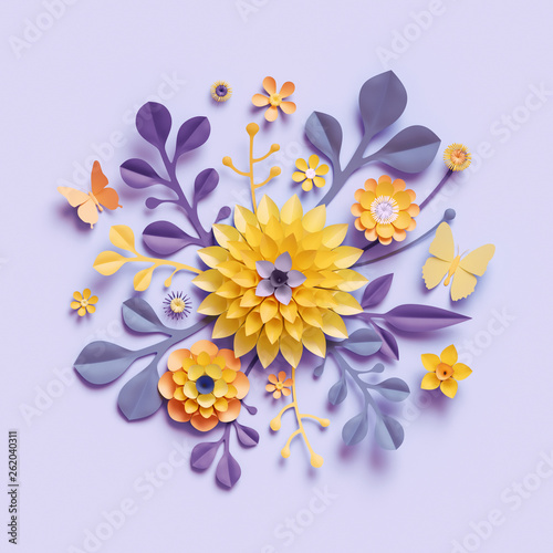 Fototapeta Naklejka Na Ścianę i Meble -  3d render, violet yellow craft paper flowers, botanical background, floral arrangement, festive bouquet, bright candy colors, isolated clip art, decorative embellishment