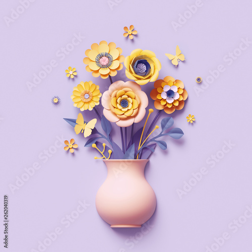 Fototapeta Naklejka Na Ścianę i Meble -  3d render, craft paper flowers inside vase, yellow floral bouquet, botanical arrangement, bright candy colors, nature clip art isolated on violet background, greeting card template