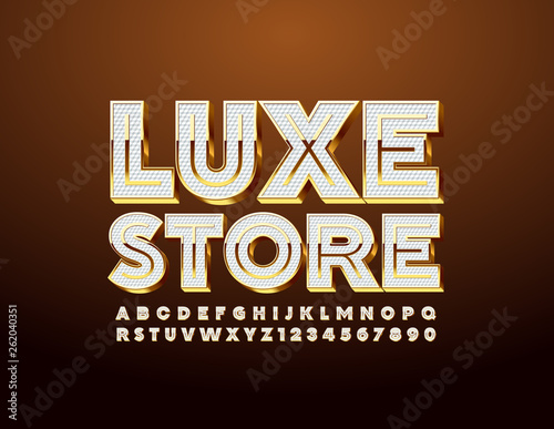 Vector Golden Logo Luxe Store. Stylish 3D Font. Luxury glossy Alphabet Letters set 