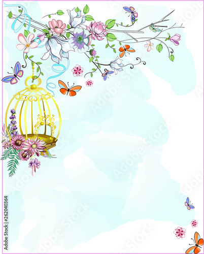 bird cage hanging from branch with different flowers and leaves on blue watercolor background