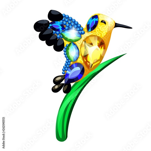 A little golden bird and a blade of grass figurine made of precious stones in the form of a brooch isolated on white background. Vector cartoon close-up illustration.