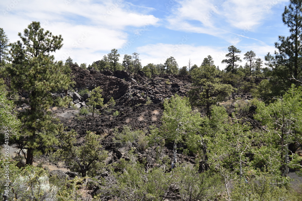 Flagstaff, AZ., U.S.A. June 5, 2018. Sunset Crater Volcano National Monument est. in 1930. Sunset Crater Volcano is a prime example of an 1,120-foot cinder volcano with substantial lava flows. Flagstaff, AZ., U.S.A. June 5, 2018. Sunset Crater Volcano National Monument est. in 1930. Sunset Crater Volcano is a prime example of an 1,120-foot cinder volcano with substantial lava flows.