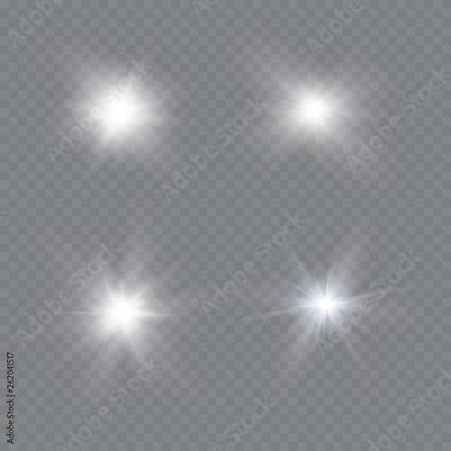 White glowing light explodes on a transparent background. Sparkling magical dust particles. Bright Star. Transparent shining sun, bright flash. Vector sparkles.