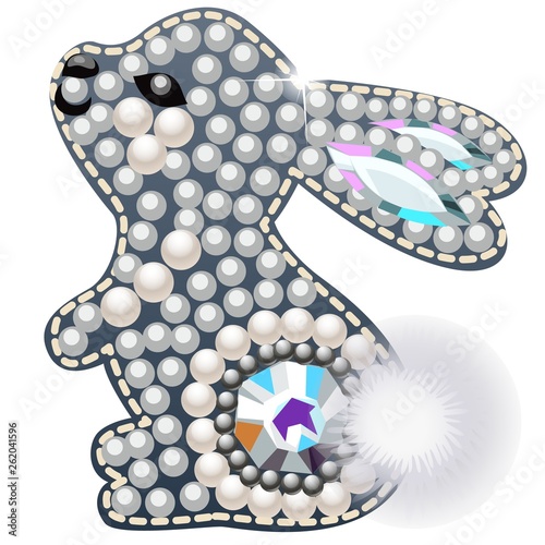 Rabbit figurine made of precious stones in the form of a brooch isolated on white background. Vector cartoon close-up illustration.