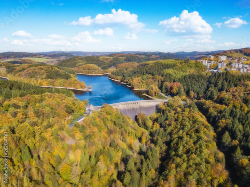 Aerial view of the agger dam (Aggertalsperre) in Gummersbach