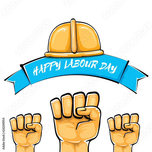 Happy labour day vector label with strong orange fist isolated on white background. vector happy labor day background with man hand. red workers may day poster