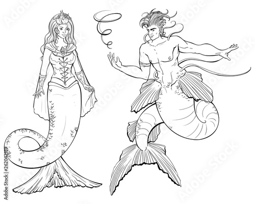 Couple of mermaid and merman. Design for print, poster, banner. Isolated objects on white background. Vector illustration