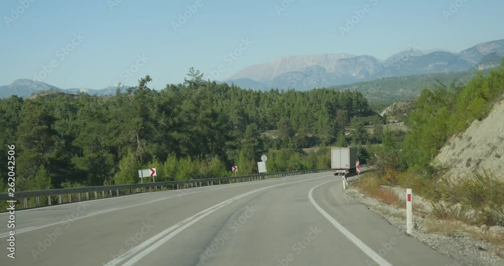 Car on road covered in autumn forest