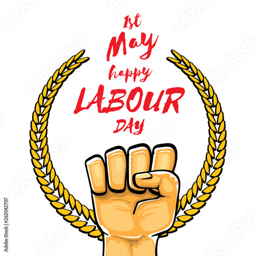 Happy labour day vector label with strong orange fist isolated on white background. vector happy labor day background with man hand. red workers may day poster