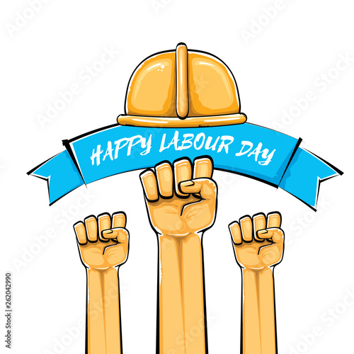 Happy labour day vector label with strong orange fist isolated on white background. vector happy labor day background with man hand. red workers may day poster