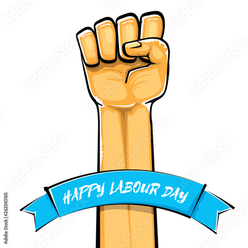 Happy labour day vector label with strong orange fist isolated on white background. vector happy labor day background with man hand. red workers may day poster