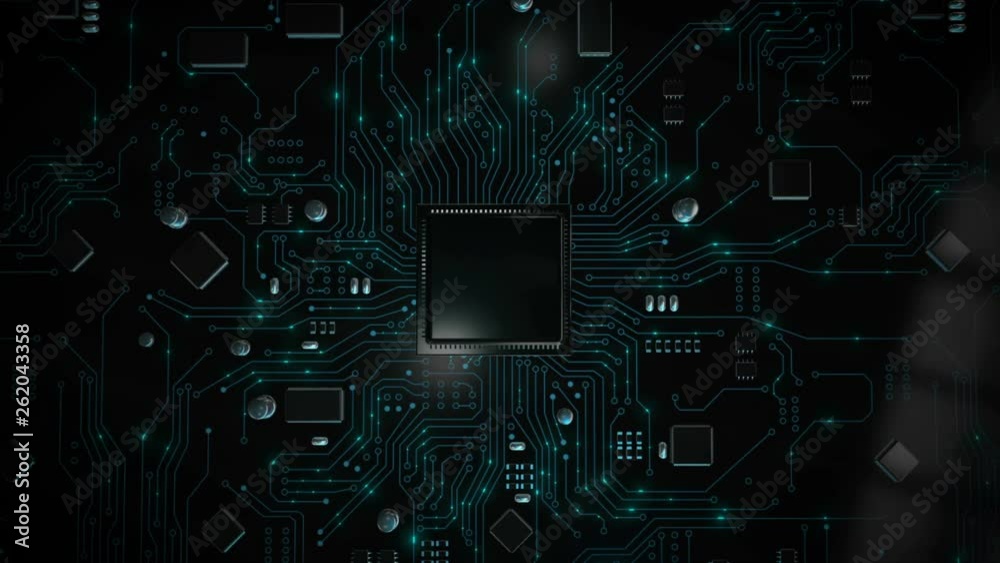 3D Render animation of AI Artificial intelligence in CPU chipset central processor unit and electric print circuit board with data traffic light on dark and grain processed