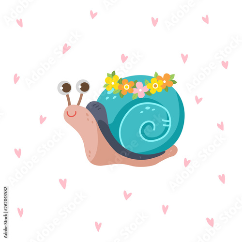 Cute snail with flower crown on hearts pattern