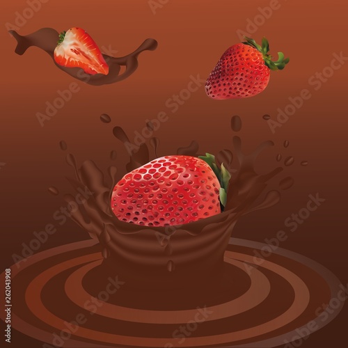 Splash strawberry in chocolate realistic 3d vector. Raw strawberry fruit. Whole and slice strawberry with splashes chocolate. Concept of good nutrition, healthy food and lifestyle, Vector illustration