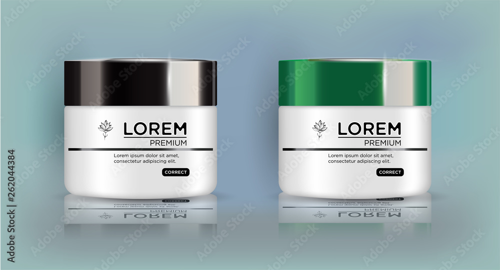 Round white set, plastic jar with black and green lid for cosmetics - body cream, butter, bath salt, gel, skin care, powder. Realistic packaging mockup template. Round white set, plastic jar with black and green lid for cosmetics - body cream, butter, bath salt, gel, skin care, powder. Realistic packaging mockup template.
