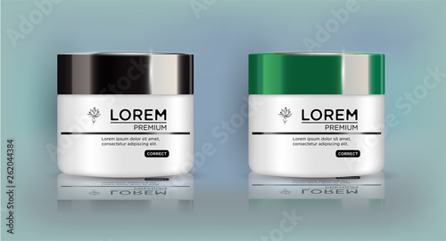 Round white set, plastic jar with black and green lid for cosmetics - body cream,  butter, bath salt, gel, skin care, powder. Realistic packaging mockup template.