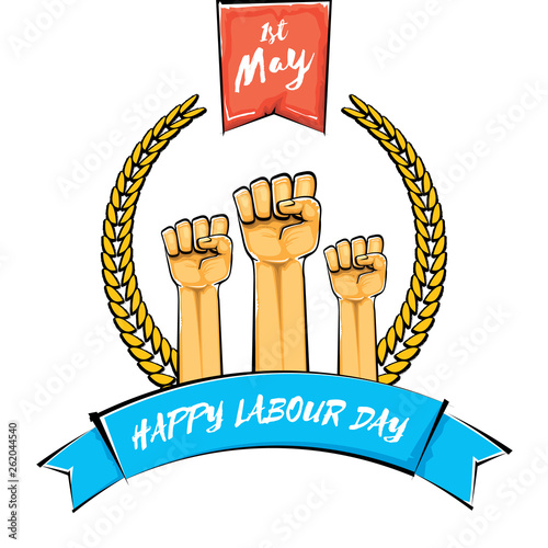 Happy labour day vector label with strong orange fist isolated on white background. vector happy labor day background with man hand. red workers may day poster