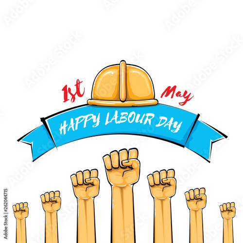 Happy labour day vector label with strong orange fist isolated on white background. vector happy labor day background with man hand. red workers may day poster