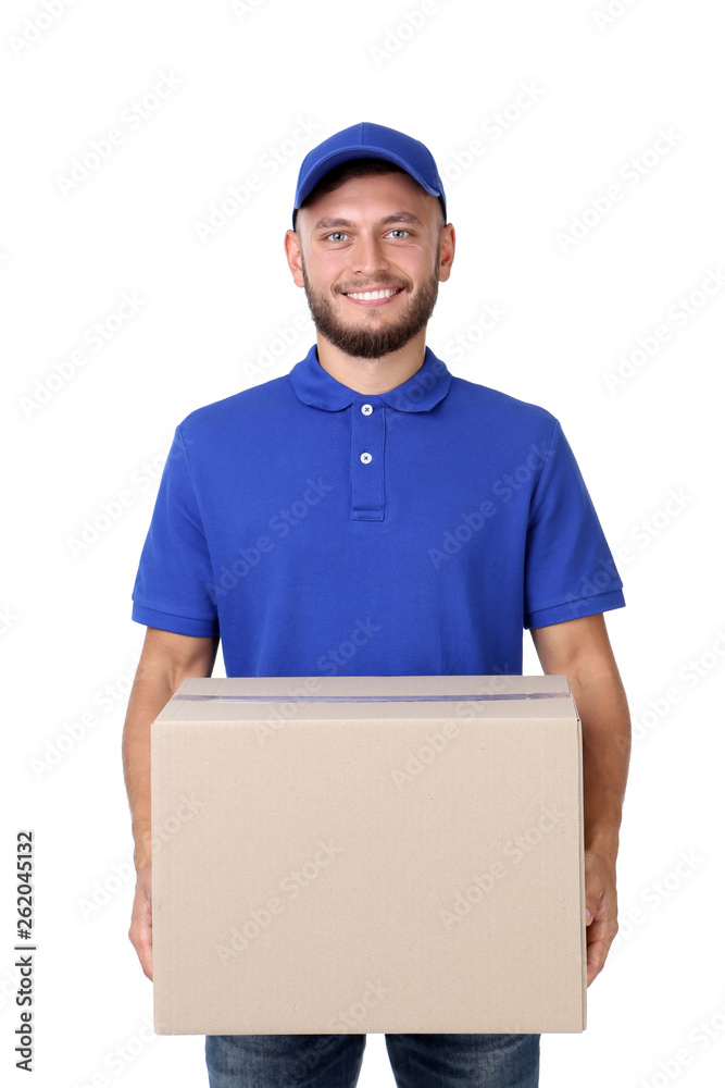 Delivery man with cardboard box isolated on white background Delivery man with cardboard box isolated on white background