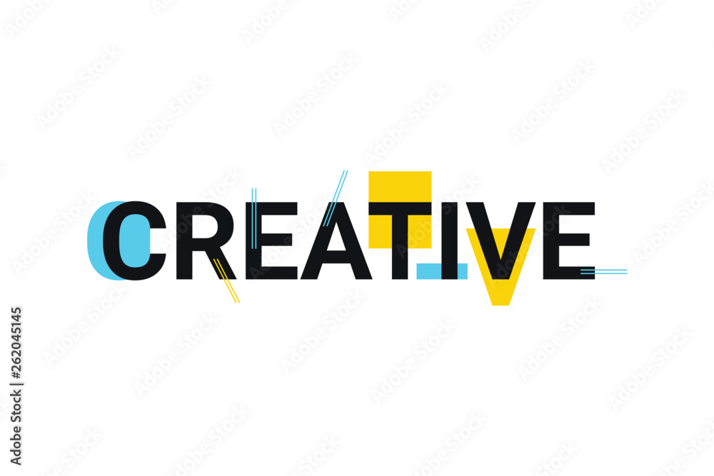 Graphic design of a word "creative" in playful and trendy way with blue and yellow colors. Modern, simple typography. - obrazy, fototapety, plakaty 