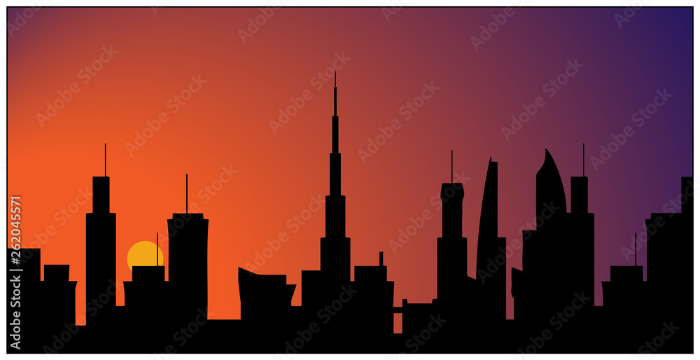 Silhouette of Dubai downtown futuristic skyscrapers vector drawing with twilight sky background and sun 