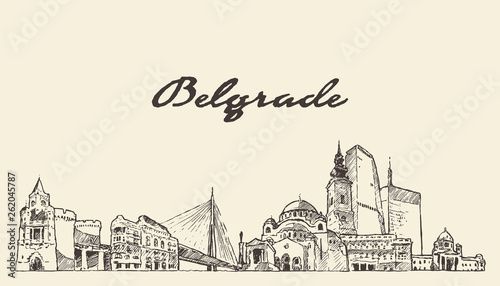 Belgrade skyline Serbia hand drawn vector sketch