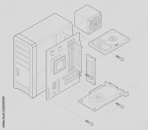 Schematic drawing of the assembly of the computer in isometric 3d in the vector