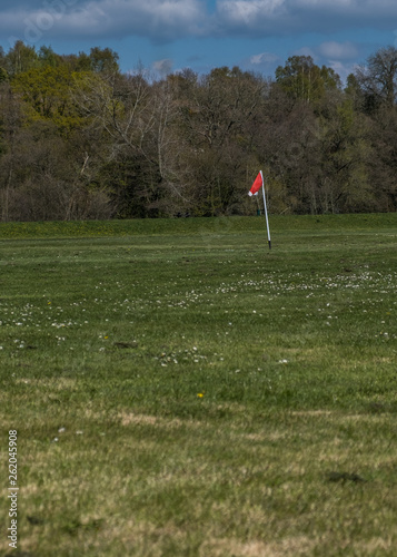 Football- Soccer match at the park, Football corner flag flapping in the wind. Parks/Outdoor