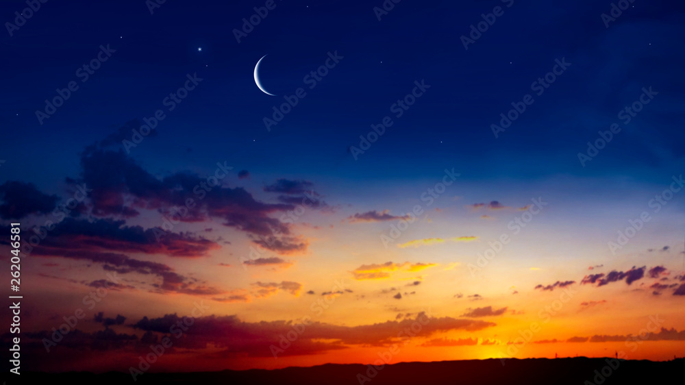 Light from sky . Religion background . The sky at night with stars. New moon . Ramadan background . Prayer time . Dramatic nature background . Arab night . eclipse of the moon