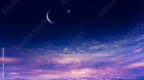 Light from sky . Religion background . The sky at night with stars. New moon . Ramadan background . Prayer time . Dramatic nature background . Arab night . eclipse of the moon