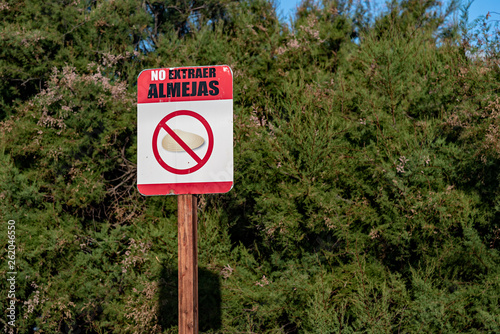 Warning sign that prohibits the extraction of clams. "Do NOT extract clams". With some pine bushes on the back and a blue sky