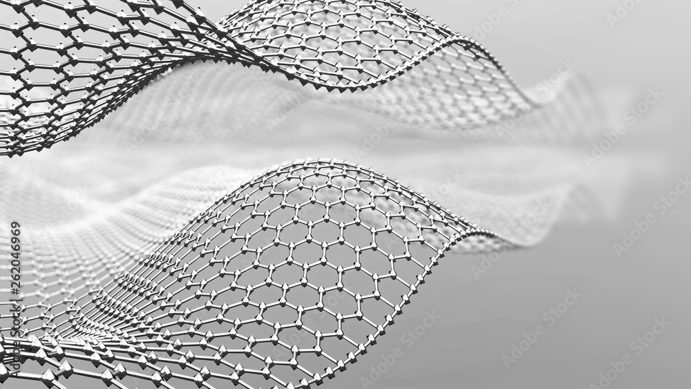 Abstract metal mesh in shape of wave. 3d metal mesh consist of hexagons.  Graphene molecular grid. Neural network.3d render Stock Illustration