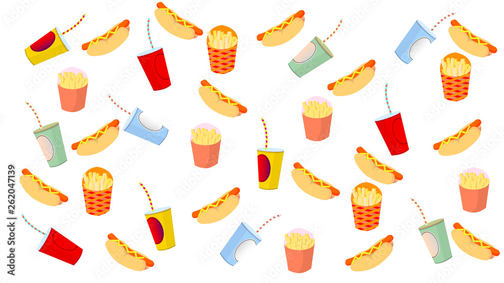 French fries, hot dog and drink on white background