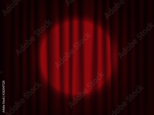 Spotlight on stage curtain. Theatrical drapes. 