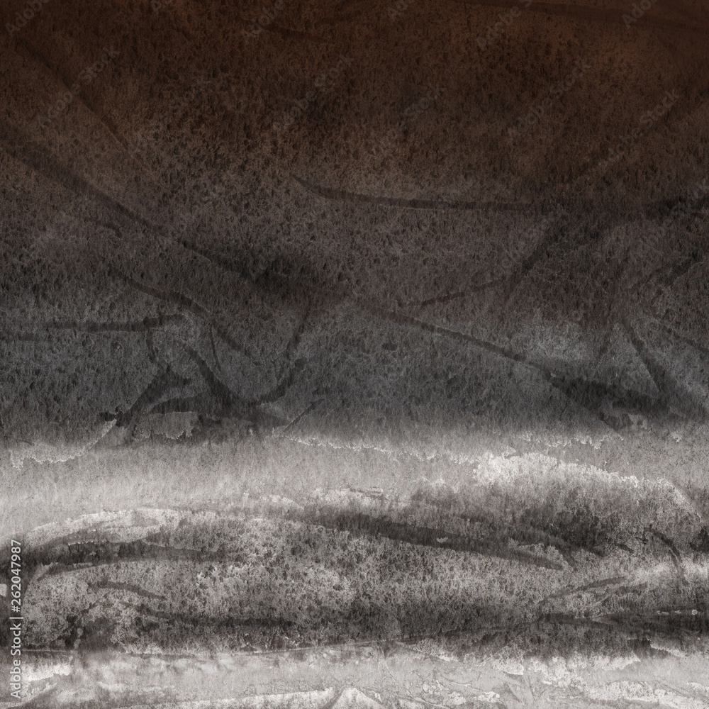 Naklejka premium Orange with brown ink and watercolor textures on white paper background. Paint leaks and ombre effects. Hand painted abstract image.