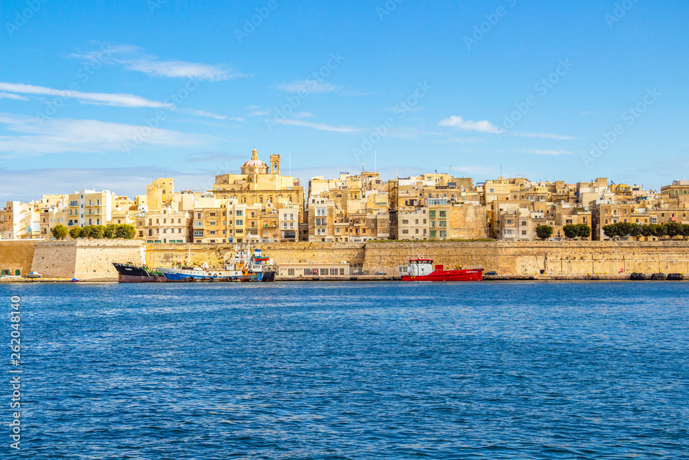 Beautiful Mediterranean Sea view of Senglea, Malta with tankships