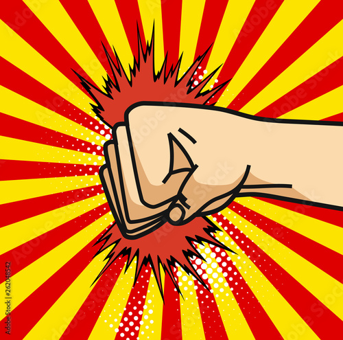 A pop art cartoon comics poster with fist and explosion bubble on comic background.