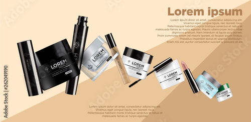 Set of cosmetics mockup, lady makeup accessories lip stick, gloss, nail polish, eyeline,  mascara, vector realistic illustration, template for ads or beauty magazine.